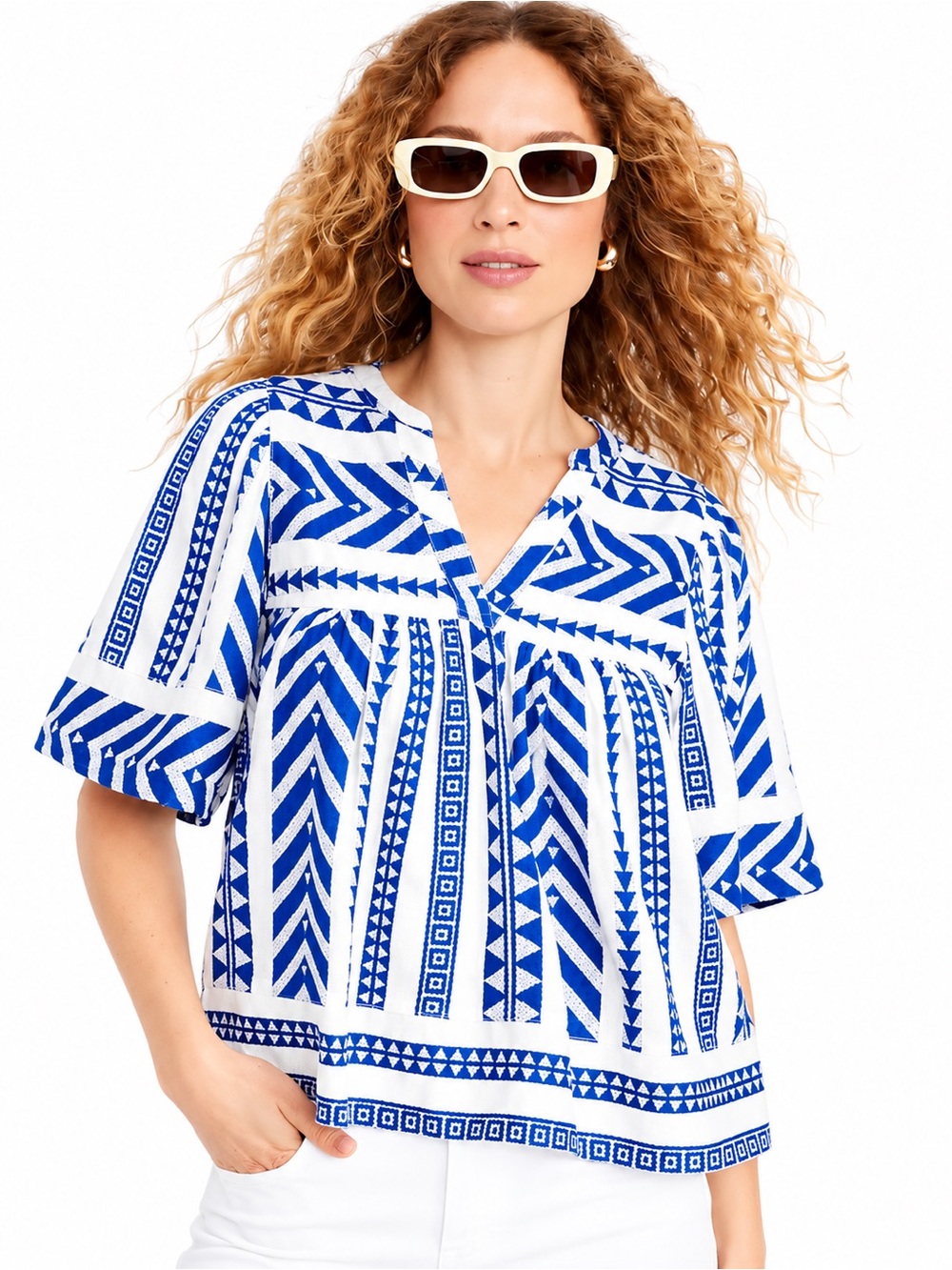 Old Navy Blue & White Geometric V-Neck Tunic